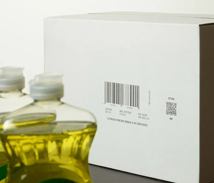 A white porous cardboard box with a Cx150i code printed on the outside. There are also some washing up bottles in the image.