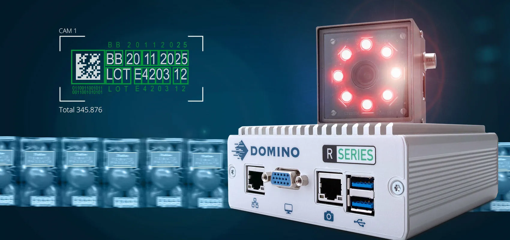 Darstellung der Domino R-Serie Machine Vision Systeme, wie gerade ein Code überprüft wird