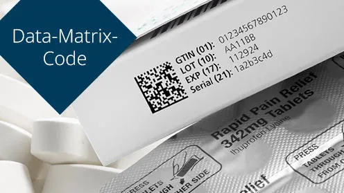 Druckbeispiel eines Data-Matrix-Codes auf einer Medikamentenverpackung